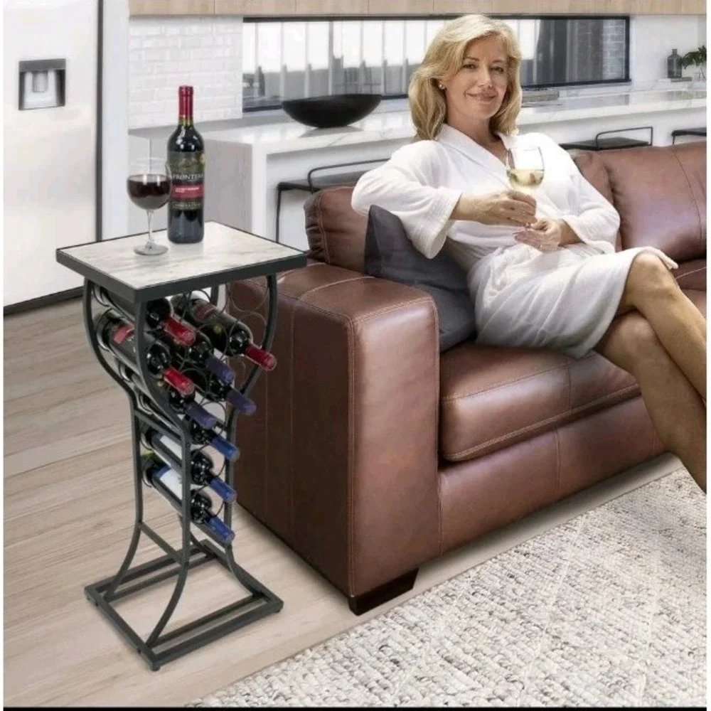 11 Bottle Wine Rack Holder White Top Marble Table Freestanding Wine Display